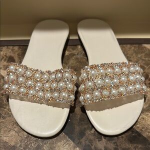 Cream and White Embellished Sandals with Rhinestones